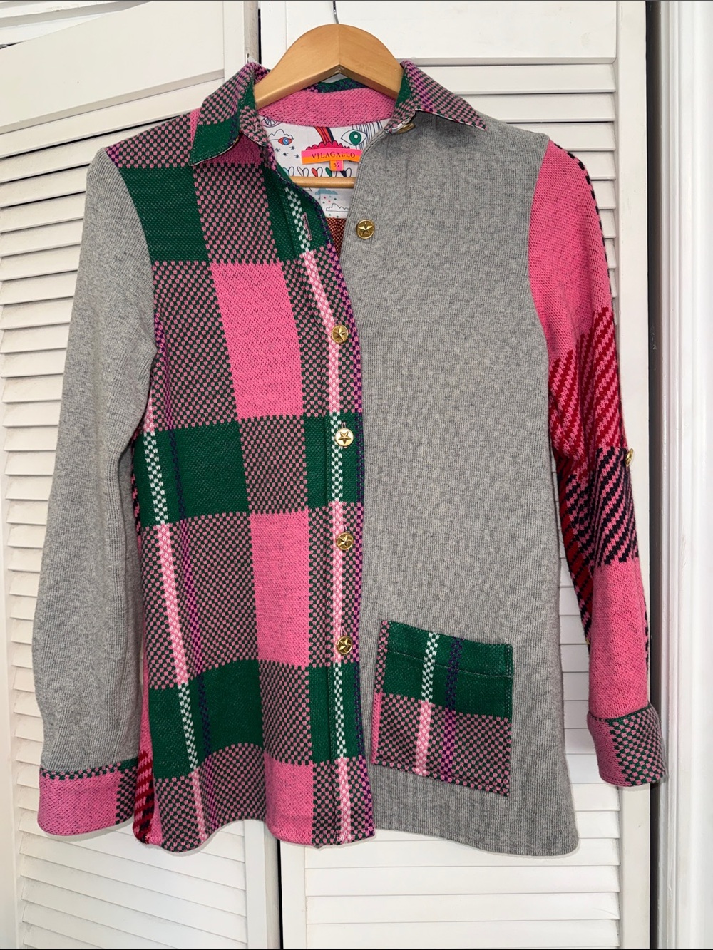 Vilagallo 🩷💚🩶 Pink, Green & Gray 🩶💚🩷 Plaid Button-Up Knit Sweater - 36/S